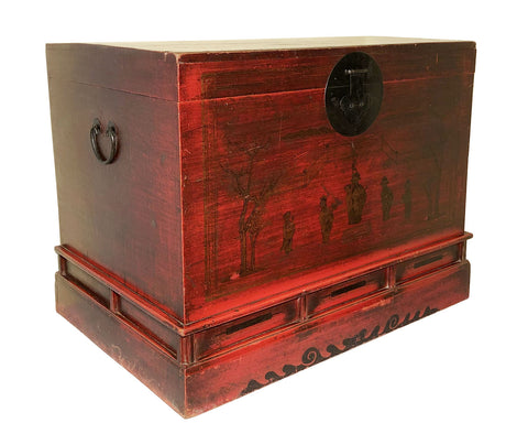 Antique Chinese Trunk (3535), Red Lacquer Hand Painted, Circa 1800-1849