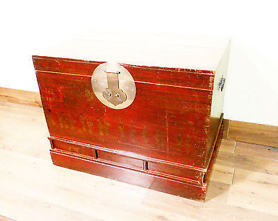 Antique Chinese Trunk (5482), Hand Painted Red Lacquer , Circa 1800-1849