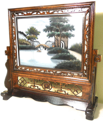Antique Chinese Reverse Glass Painting On Stand (5847)