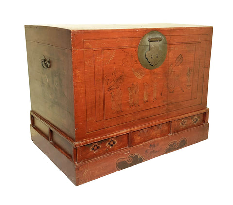 Antique Chinese Trunk Red Lacquer Hand Painted Trunk (3418) Circa 1800-1849