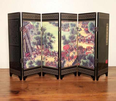 Vintage Chinese Black Lacquer Hand Painted Table Folding Screen (3506)