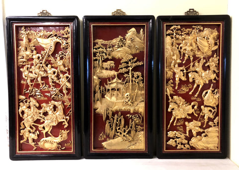 Vintage Chinese "Relief Carving" Gilt Screen Panels (3529)