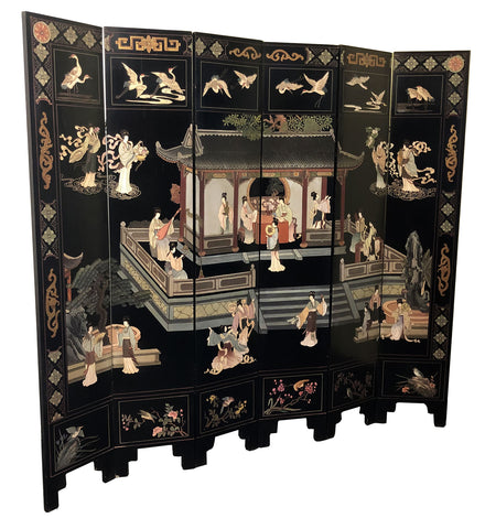 Vintage Chinese Black Lacquer Hand Painted Screen (Room Divider) (3530)