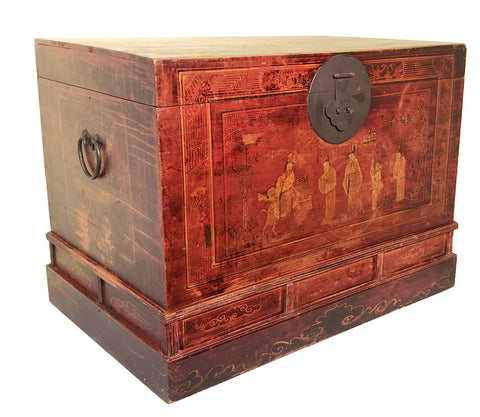 Antique Chinese Trunk (3596), Red Lacquer Hand Painted, Circa 1800-1849