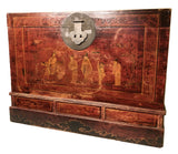 Antique Chinese Trunk (3596), Red Lacquer Hand Painted, Circa 1800-1849