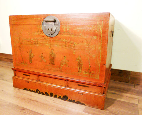 Antique Chinese Trunk Red Lacquer Hand Painted Trunk (5590) Circa 1800-1849
