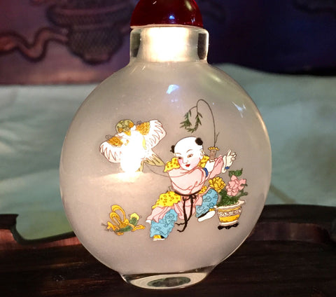 Vintage Chinese Glass Snuff Bottle, Inside Painted Children Playing/Calligraphy (7027)