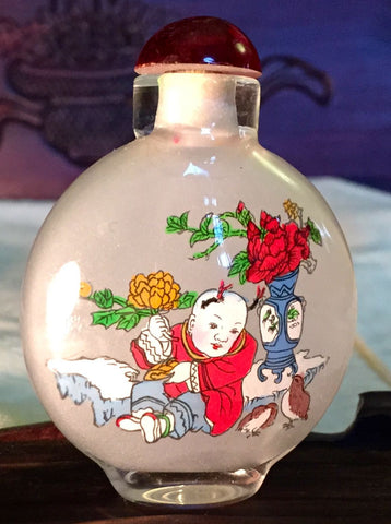 Vintage Chinese Glass Snuff Bottle, Inside Painted Children Playing/Calligraphy (7028)