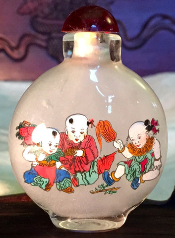 Vintage Chinese Glass Snuff Bottle, Inside Painted Children Playing/Calligraphy (7030)