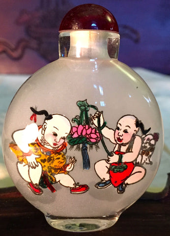Vintage Chinese Glass Snuff Bottle, Inside Painted Children Playing/Calligraphy (7031)