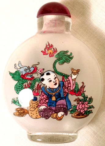 Vintage Chinese Glass Snuff Bottle, Inside Painted Children Playing/Calligraphy (8518)